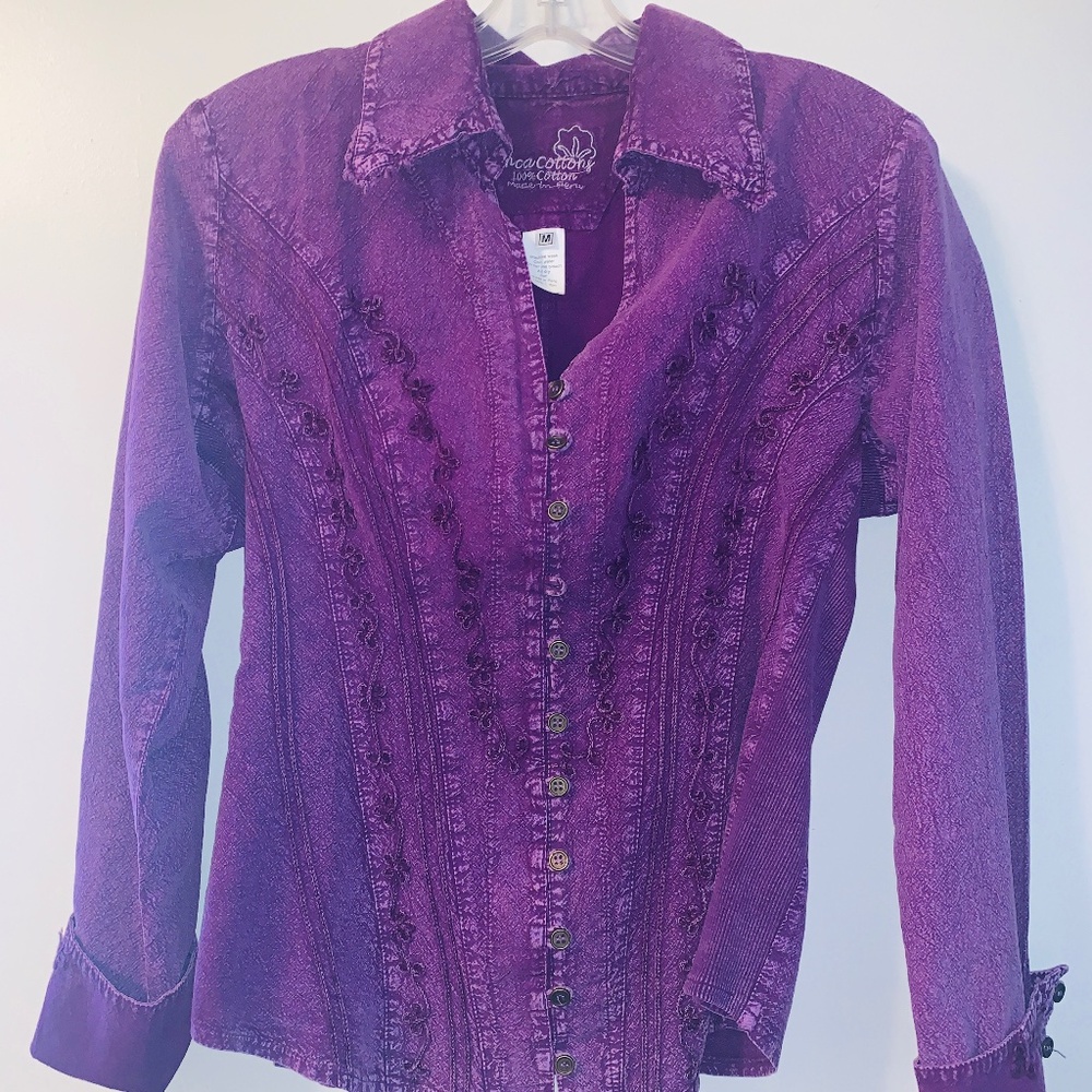 Inca Cottons Purple Embroidered L/S Prairie Boho Top, M